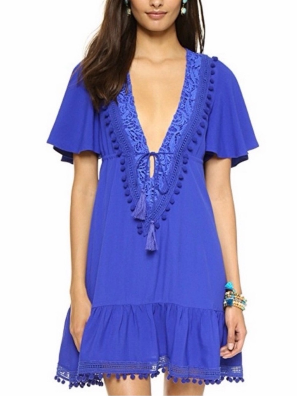 The Jetset Diaries Cobalt Blue Lace Pom Pom Mini Dress XS Boho Resort Coverup